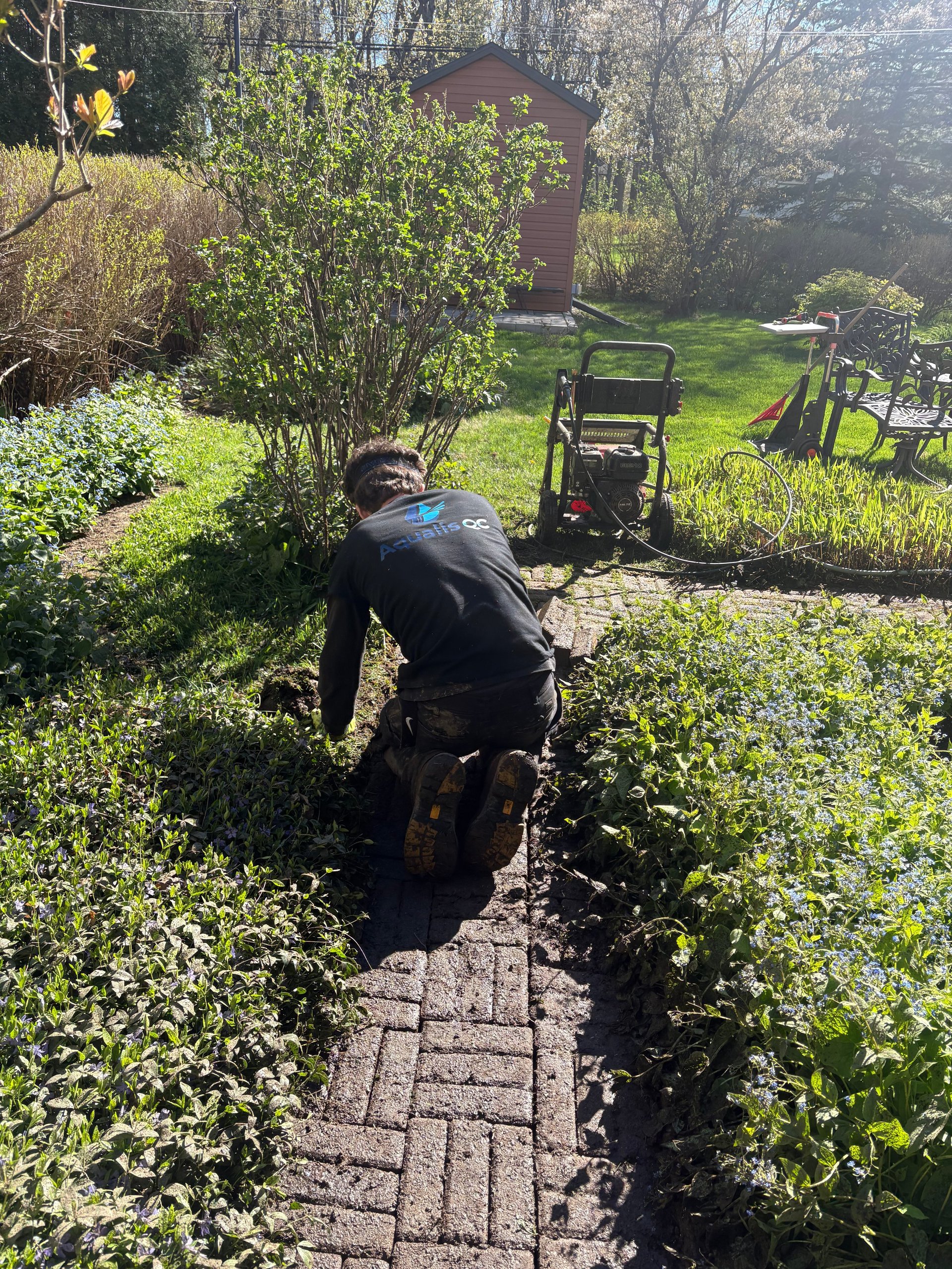 Person riding a motorcycle on a narrow brick path through an overgrown garden with a shed and farm equipment in the background